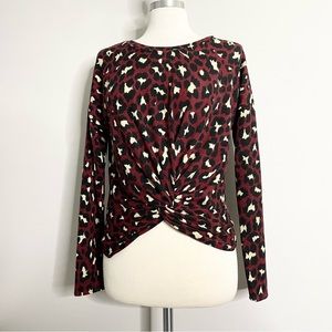AQUA Leopard Print Twist Front Long Sleeve Crew Neck Sweater
